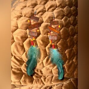 Bohemian Feather Earrings with Wood and Beads